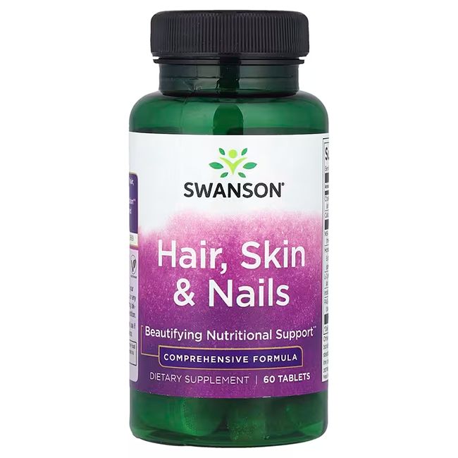 Flacon vert avec bouchon noir. Inscription: SWANSON Hair, Skin & Nails. 60 comprimés.