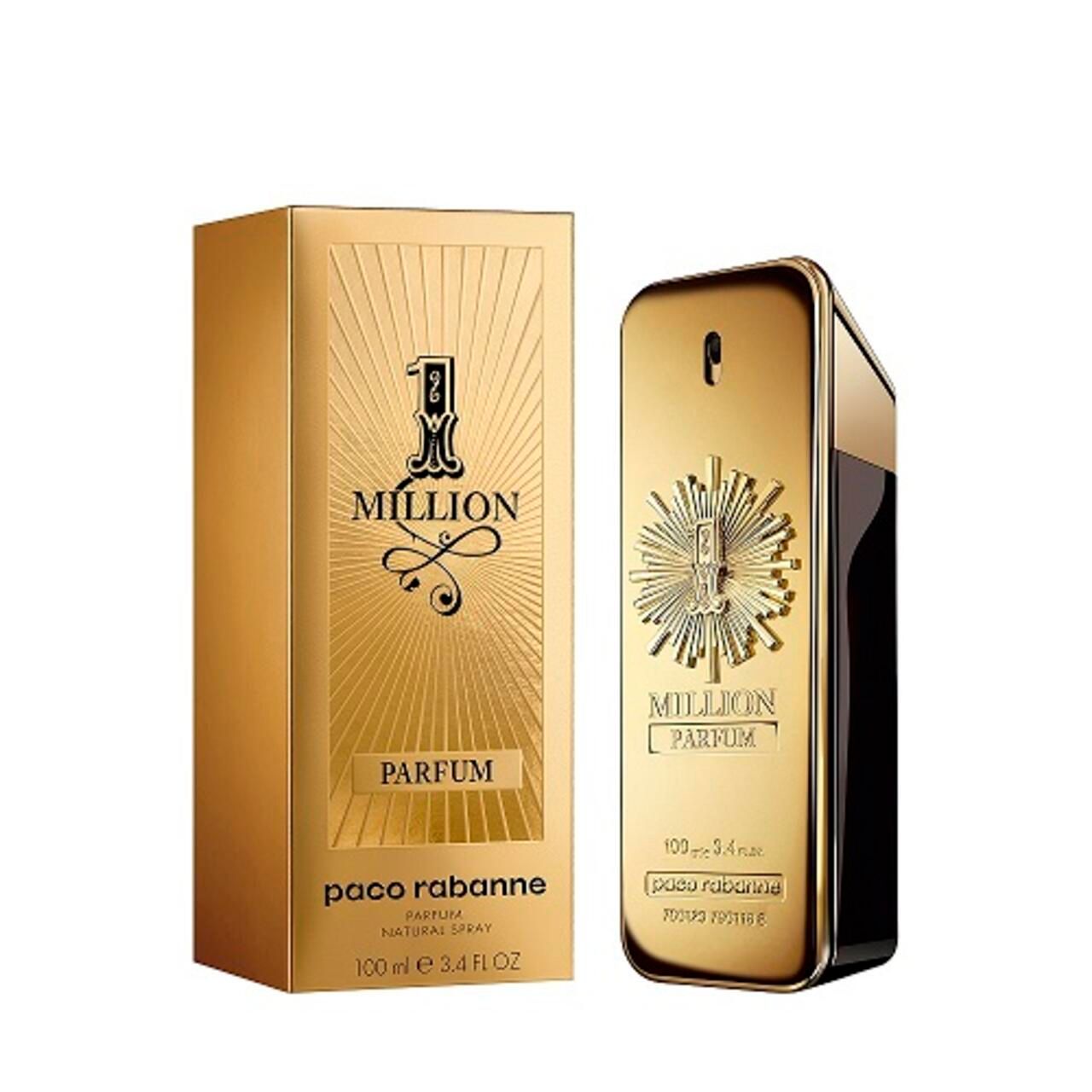 Flacon doré et boîte. Inscription "1 Million Parfum" et "Paco Rabanne".