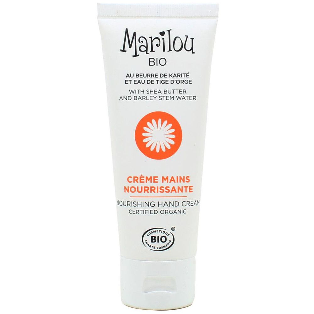 Tube de crème pour les mains Marilou Bio. Logo orange. Inscription en français. Certification bio.