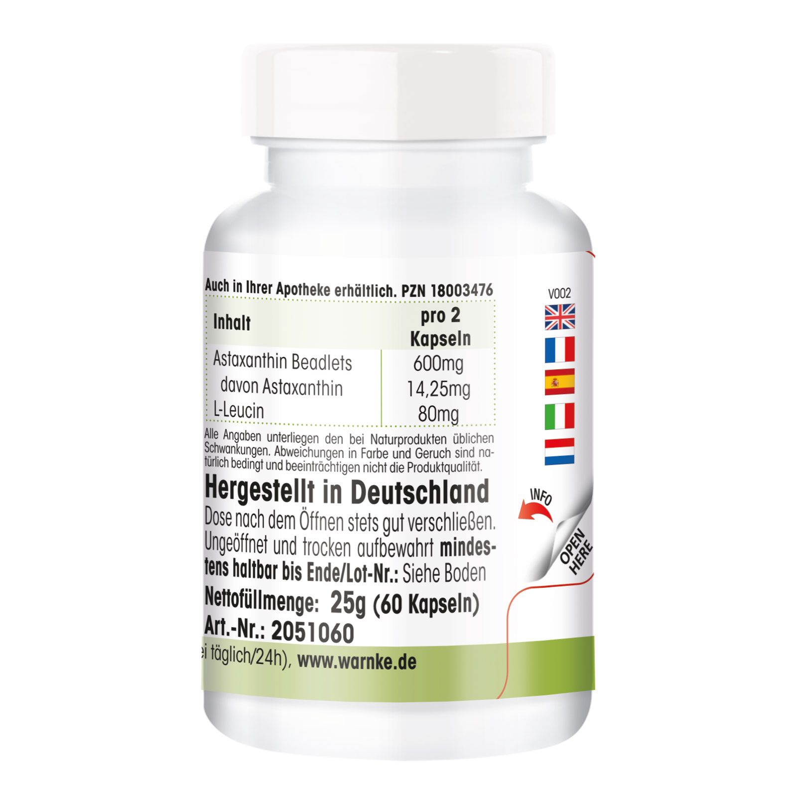 Dos du flacon. Texte : Contenu, fabriqué en Allemagne, poids net 25g (60 gélules). Warnke.de.