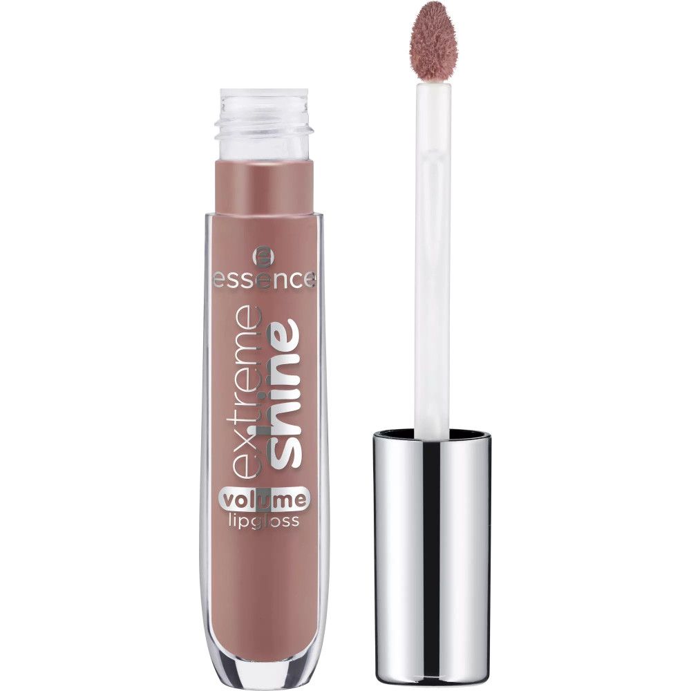 Lipglossflesje met applicator. Transparante houder met zilverkleurige dop. Opschrift: Extreme Shine Volume Lipgloss.