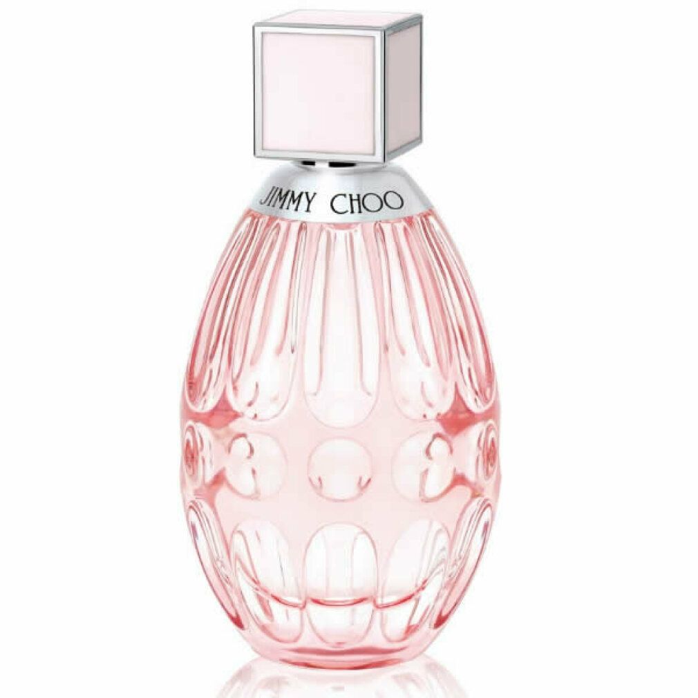 Flacon rose avec bouchon argenté. Inscription "JIMMY CHOO". Corps en forme de goutte avec surface cannelée.