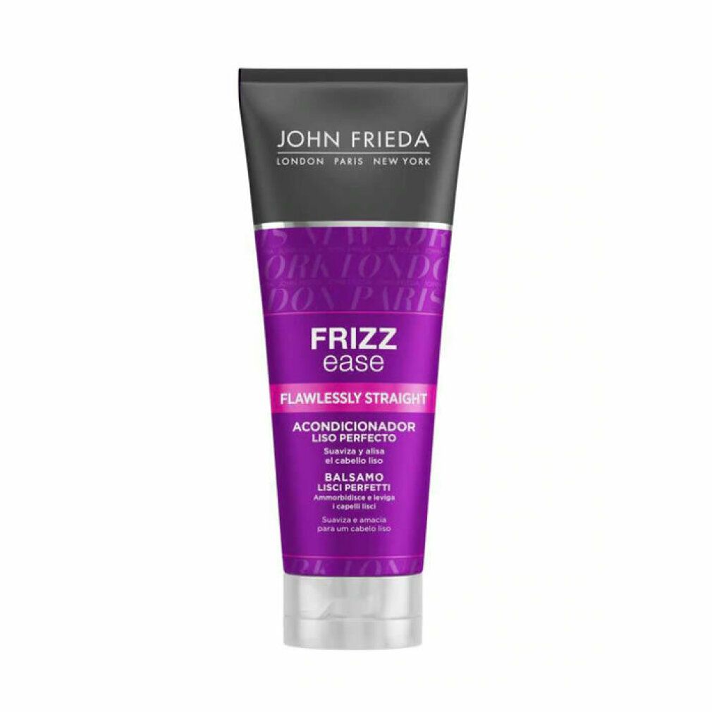 Tube de revitalisant John Frieda Frizz Ease Flawlessly Straight. Violet, rose et blanc. Avec kératine et huile de jojoba.