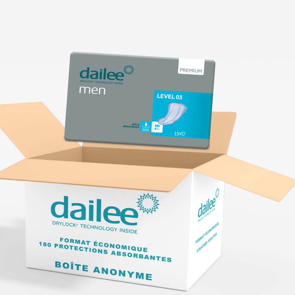 Boîte ouverte avec Dailee Men Level 3. Emballage du produit visible. Inscription : Dailee, Men, Level 03, 15x7. Sur la boîte : Boîte anonyme.