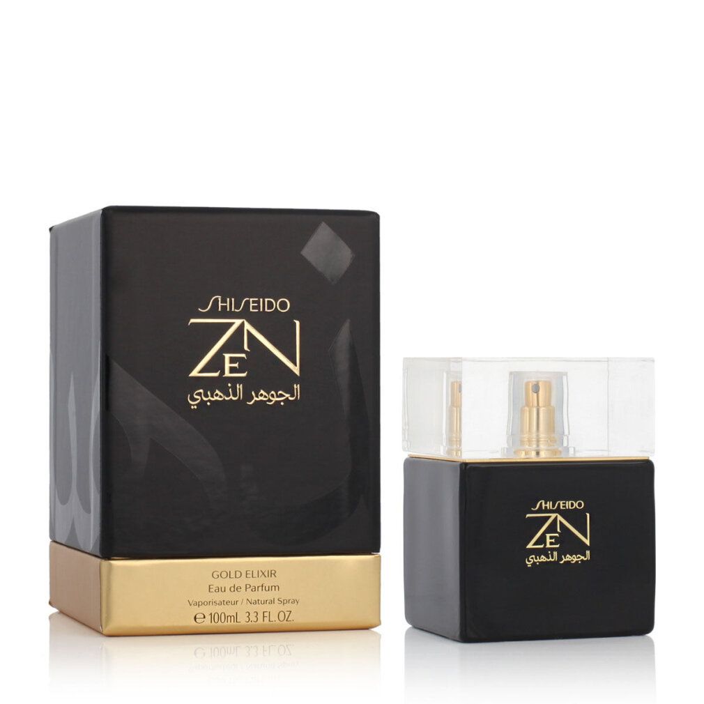 Zwarte flacon met gouden verstuiver en dop. Zwarte verpakking met gouden tekst. Shiseido Zen Elixir De Oro.