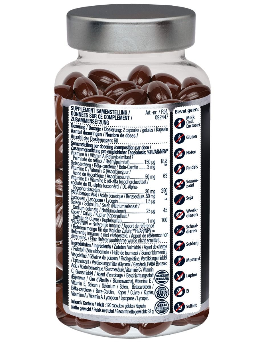 Dos d'une bouteille contenant des gélules brunes. Contient des informations sur les ingrédients et les allergènes.