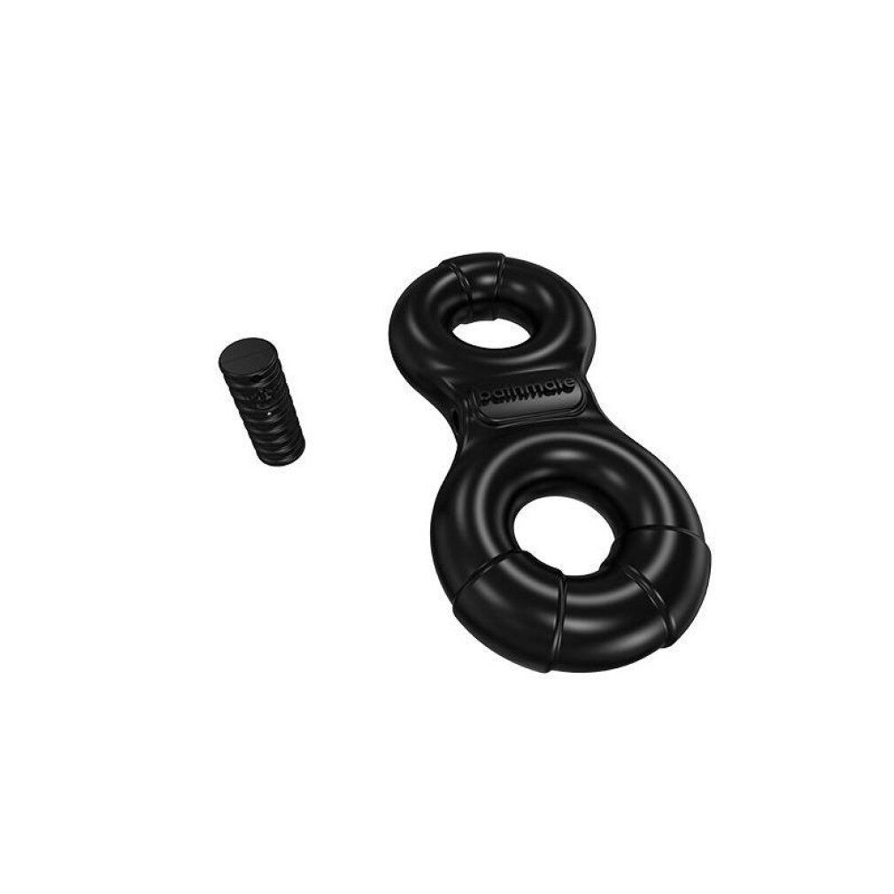 Zwarte dubbele ring en cilindrisch element. De dubbele ring heeft twee ringen verbonden door een middenstuk.