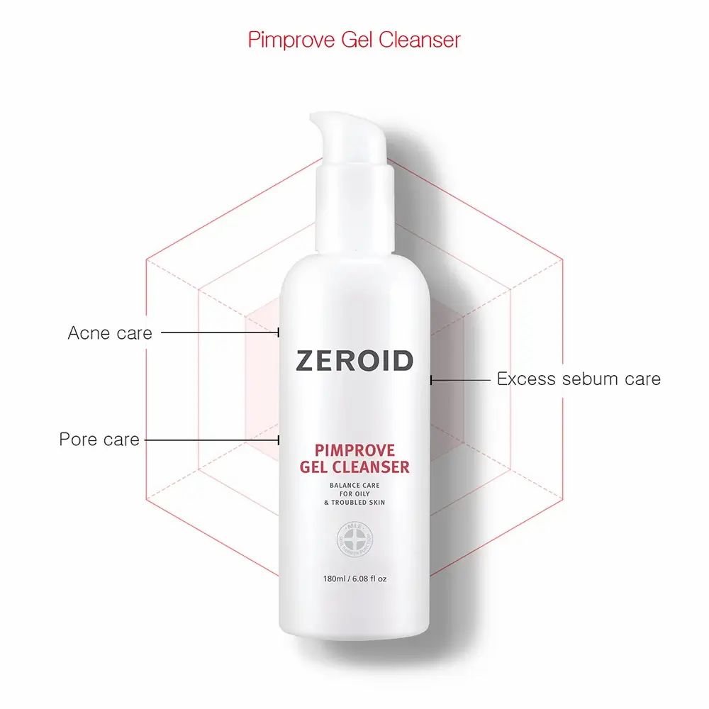 Flacon blanc ZEROID Pimprove Gel Cleanser avec pompe. Texte: Pimprove Gel Cleanser, Balance Care for Oily & Troubled Skin.