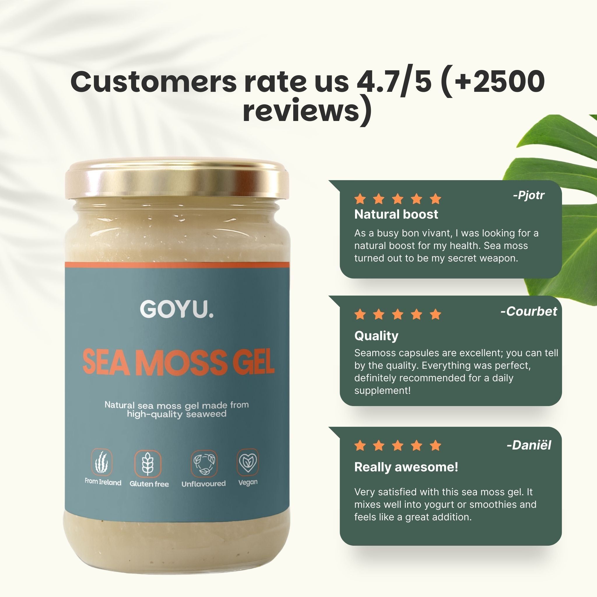 Un pot de GOYU Sea Moss Gel avec des avis clients et des étoiles.