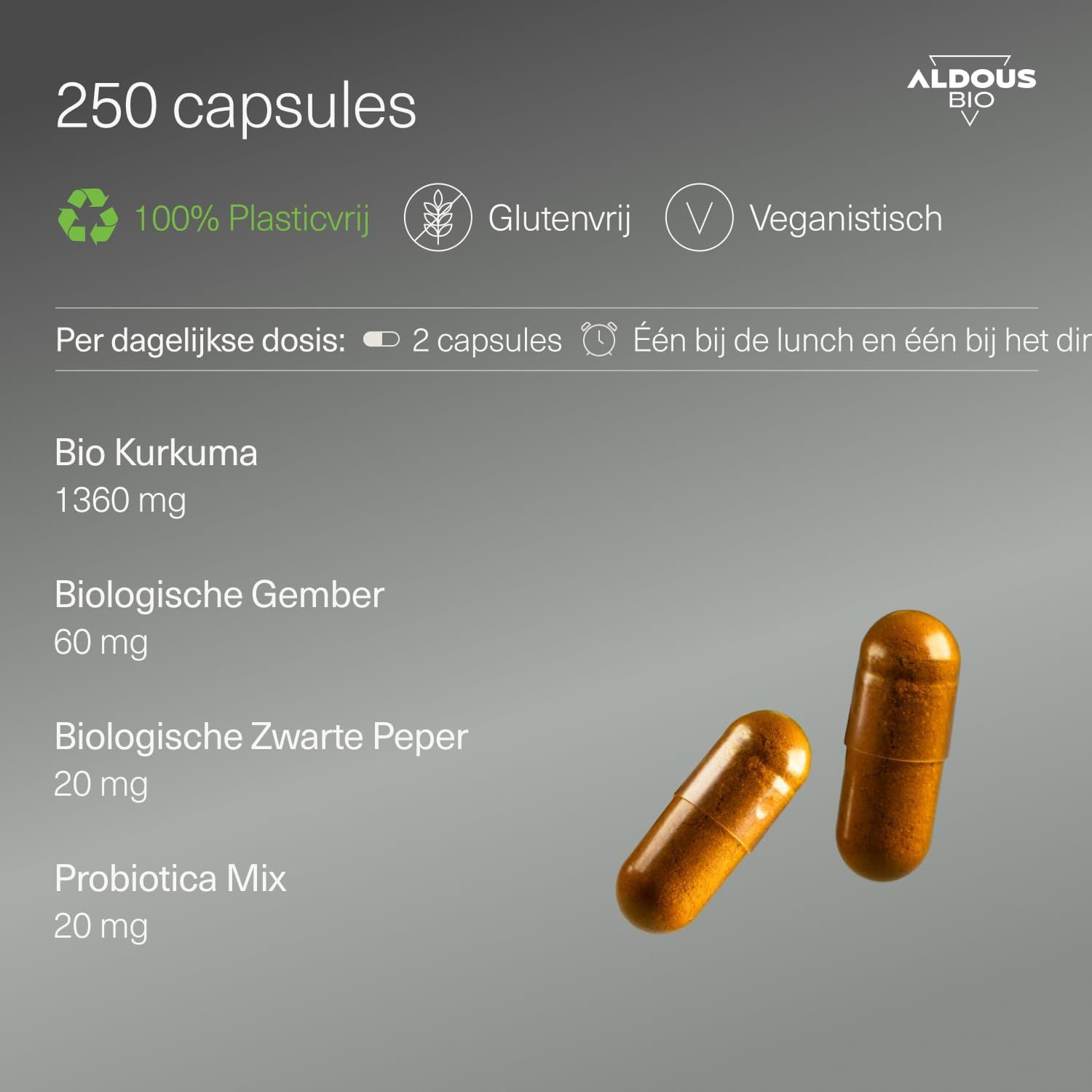 Twee capsules met kurkuma, gember, zwarte peper en probiotica. Verpakking van 250 capsules.