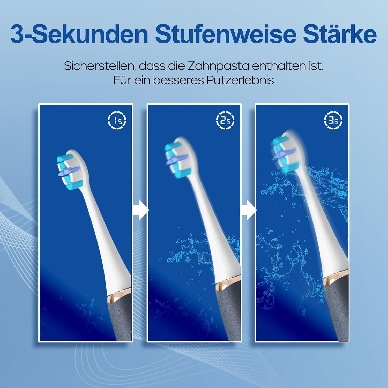 Brosse à dents électrique avec trois niveaux de puissance pour appliquer le dentifrice.