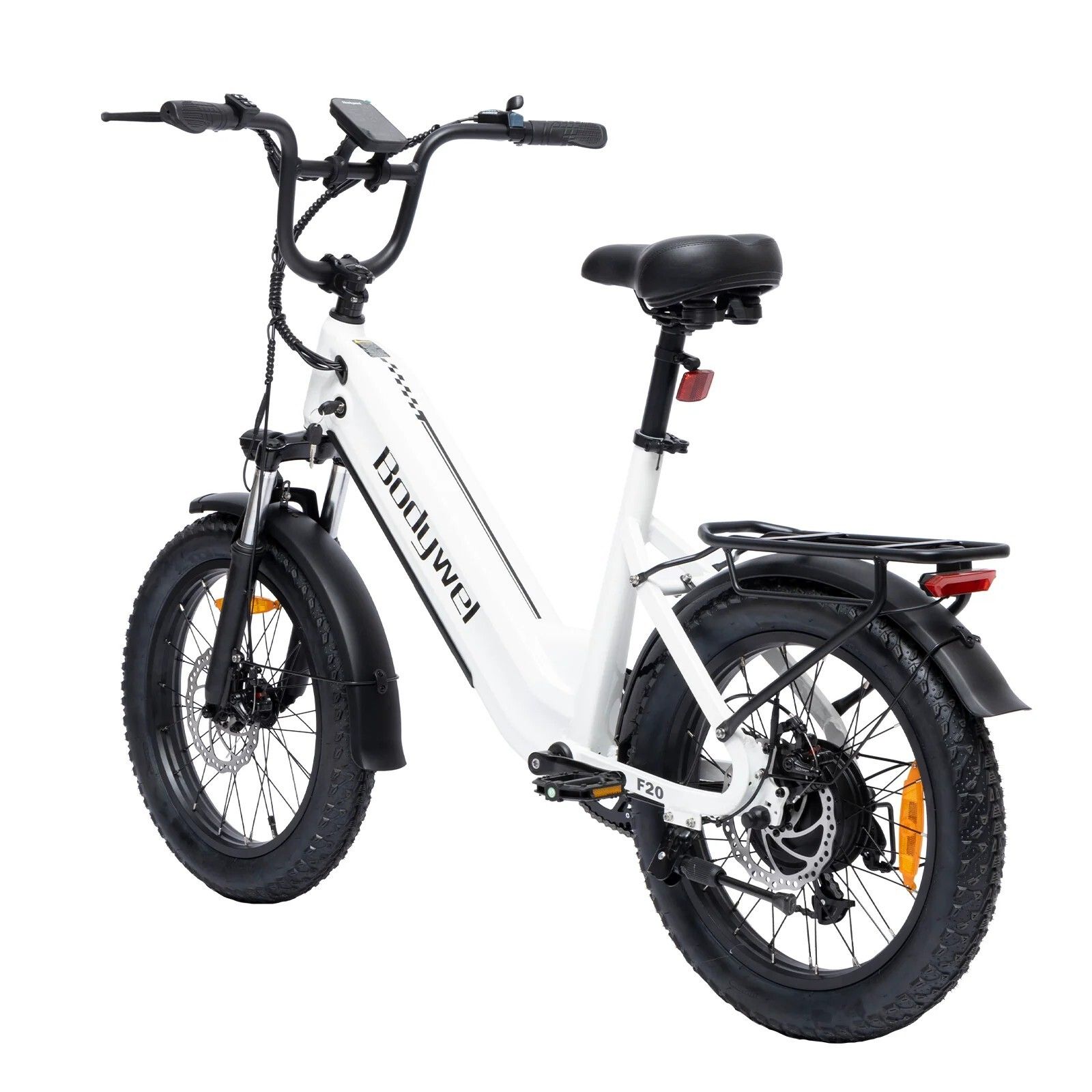Witte elektrische fiets Bodywel F20. Zwarte banden, zadel en stuur. Achterdrager. Opschrift Bodywel.