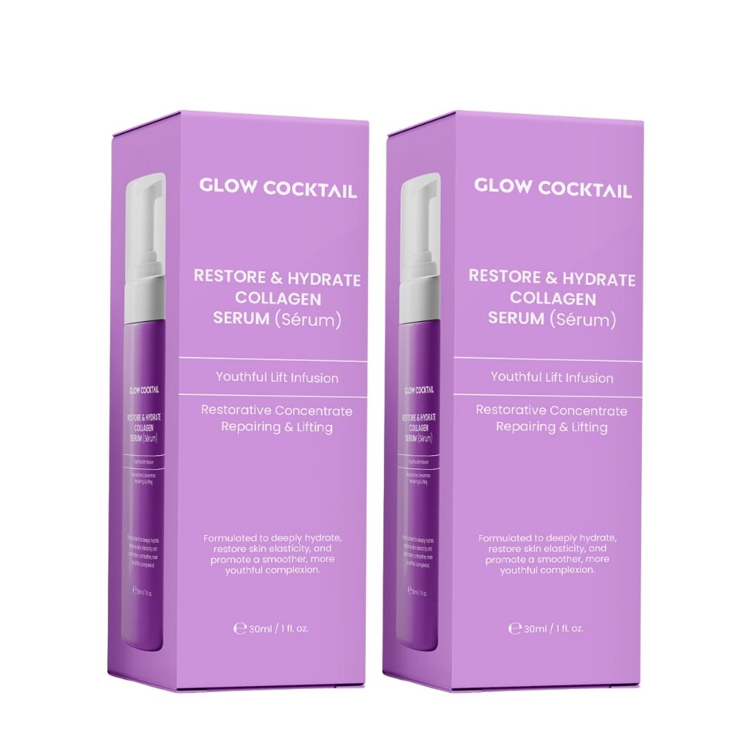 Twee paarse dozen met witte pompflessen. Tekst: Glow Cocktail, Restore & Hydrate Collagen Serum. Youthful Lift Infusion.