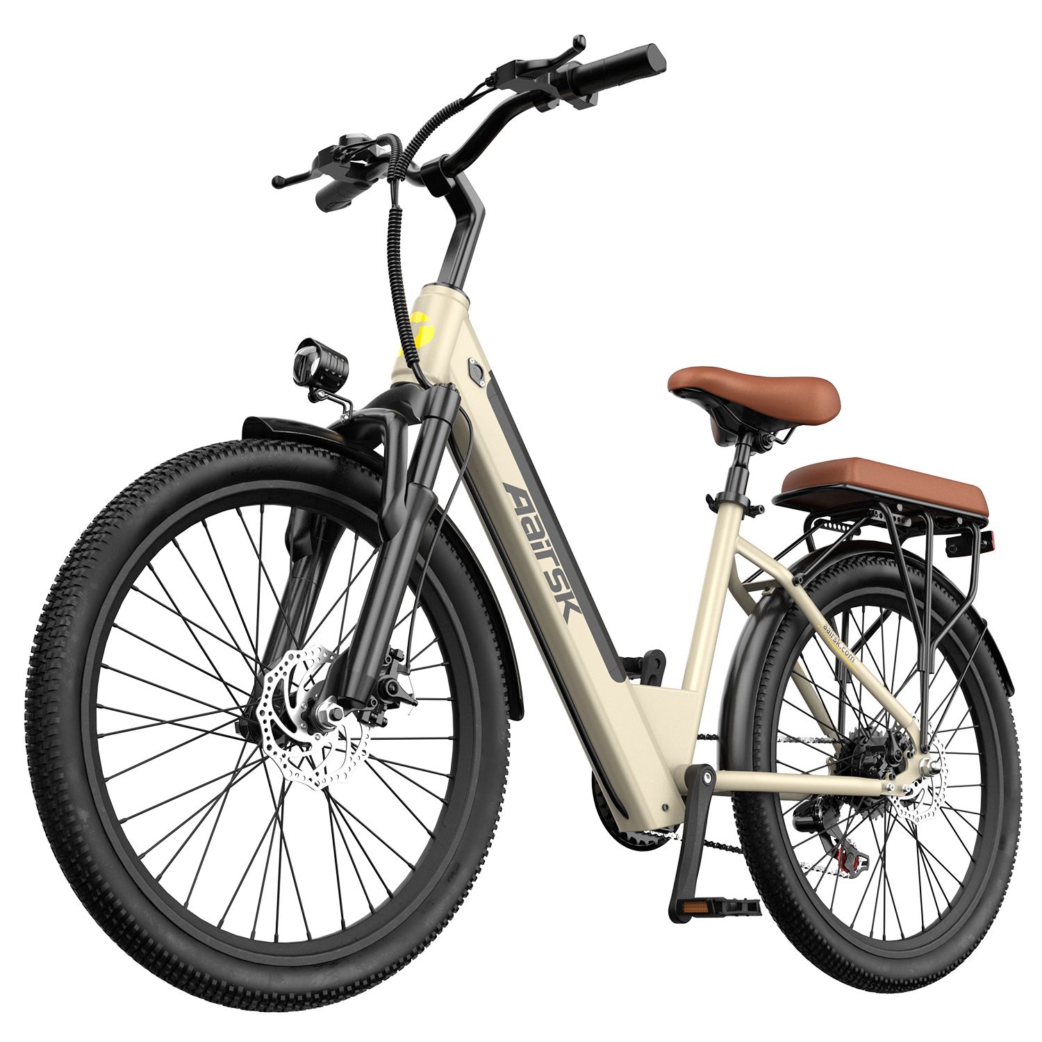 Vélo électrique beige avec pneus et détails noirs. Porte-bagages, selle marron. Marque Aairsk.