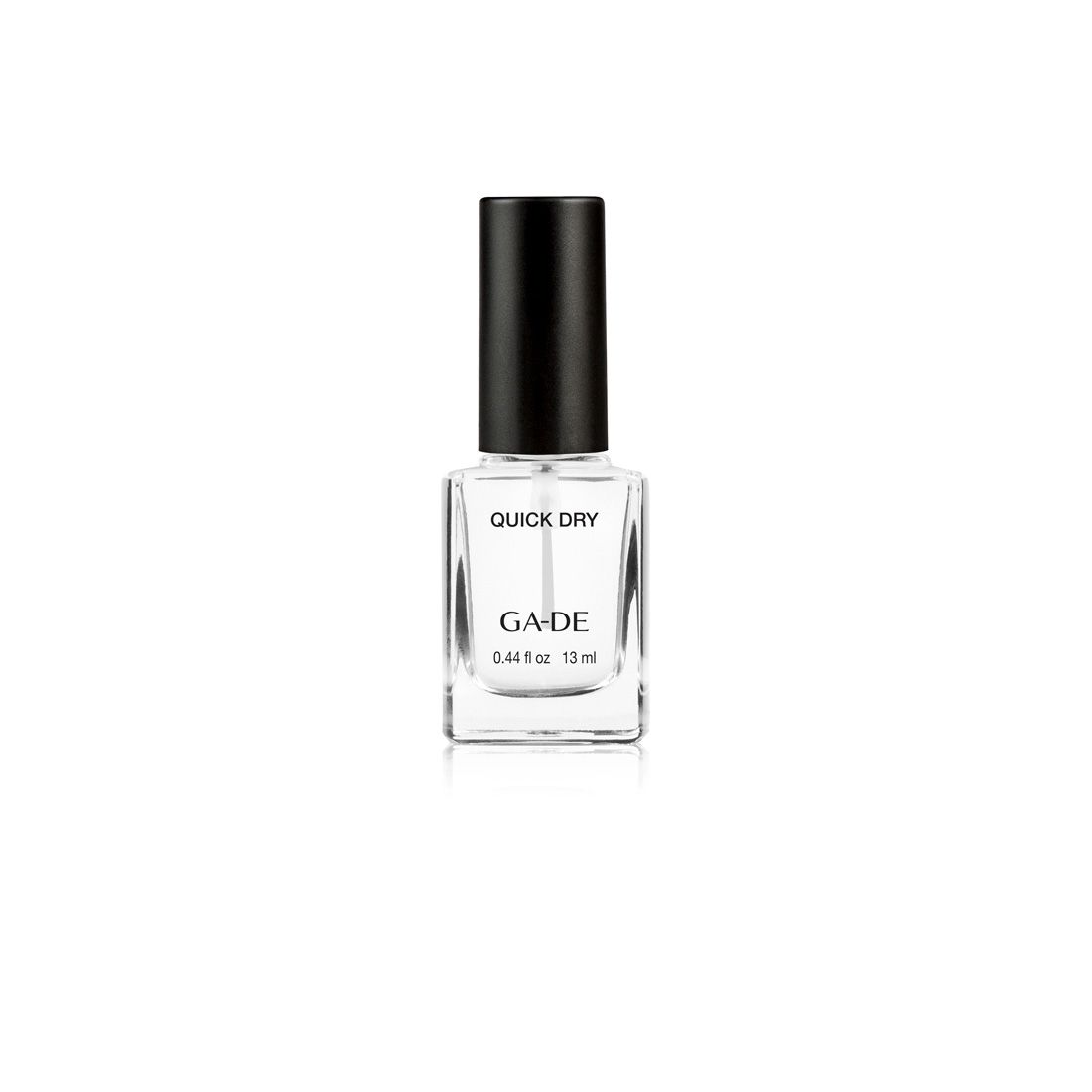 Flacon de vernis à ongles transparent avec bouchon noir. Inscription : Quick Dry, GA-DE, 0,44 fl oz, 13 ml.