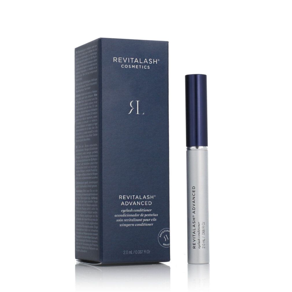Donkerblauwe verpakking en zilveren tube. Opschrift: RevitaLash Advanced Eyelash Conditioner. Logo.