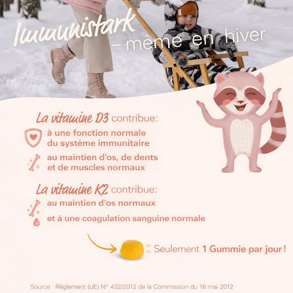 Illustration avec texte sur la vitamine D3 et K2. Bonbons gélifiés jaunes. Texte: 1 bonbon par jour.