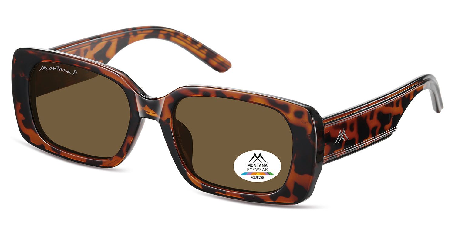Lunettes de soleil marron avec monture marron à motifs. Logo Montana Eyewear sur le verre et la branche.