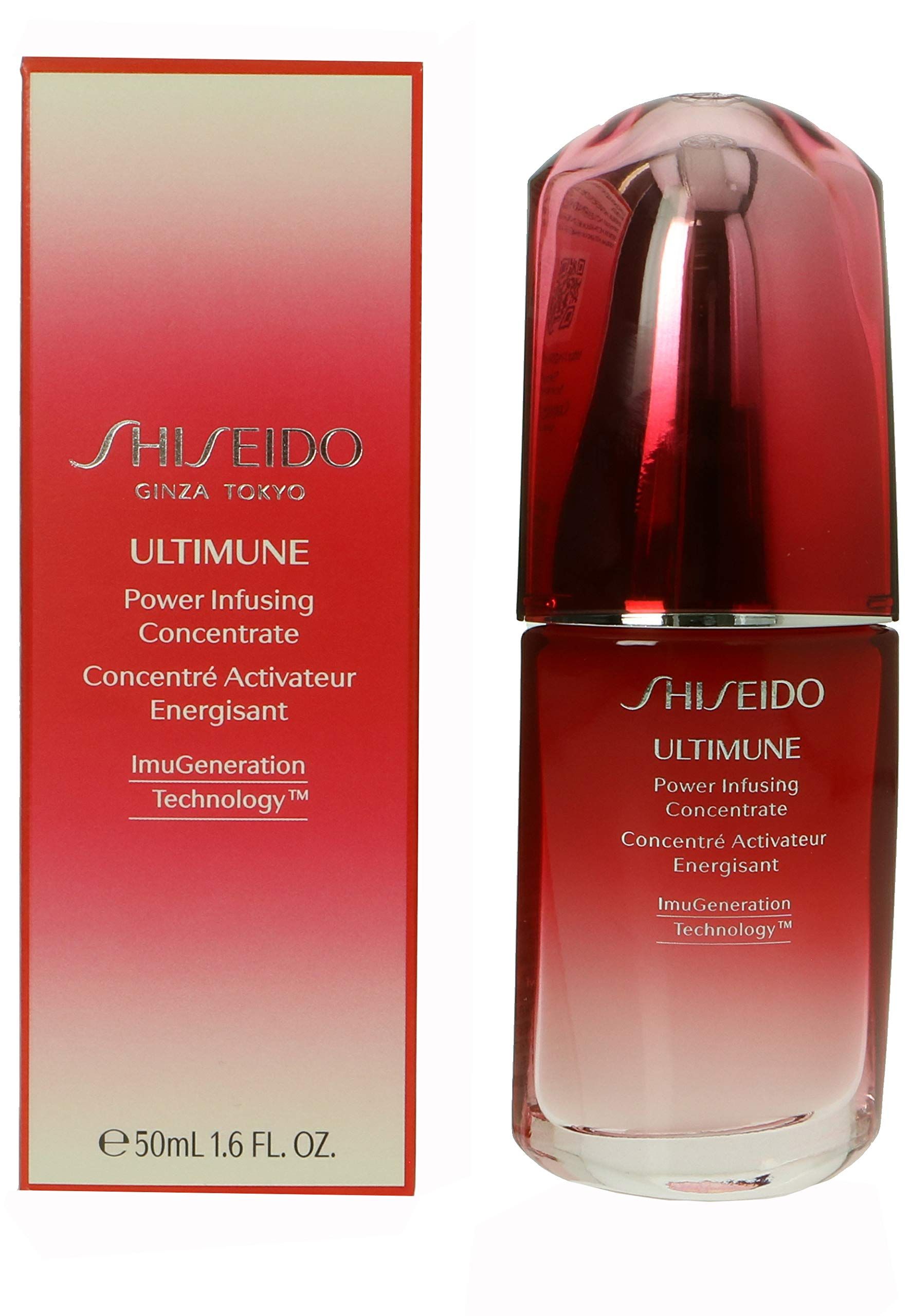Flacon et boîte rouges. Inscription: SHISEIDO ULTIMUNE Power Infusing Concentrate. 50 ml.