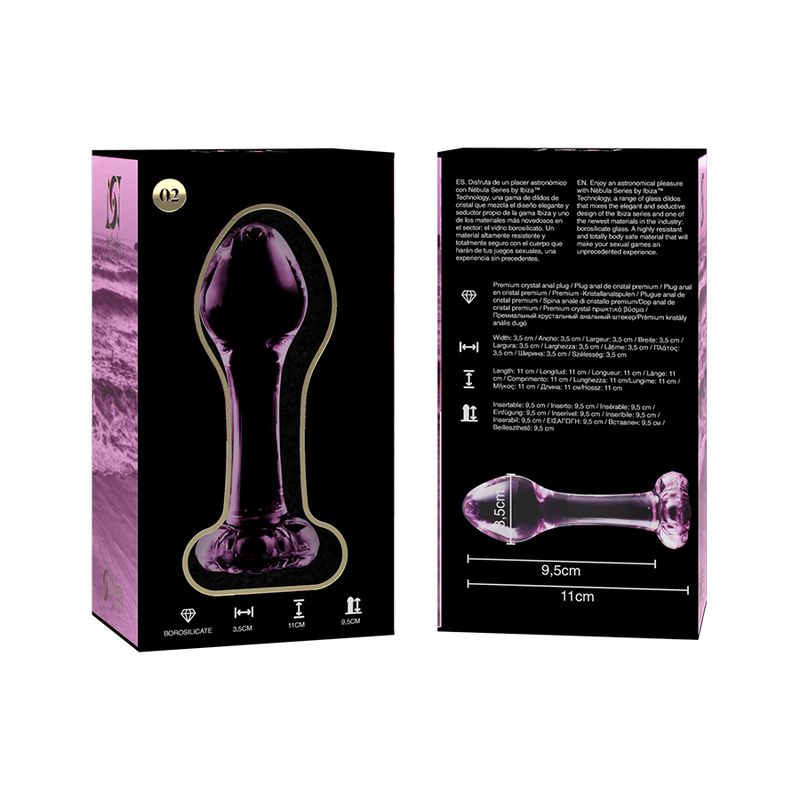 Plug anal en verre rose avec dimensions sur l'emballage : 11 cm de long, 3,5 cm de large.