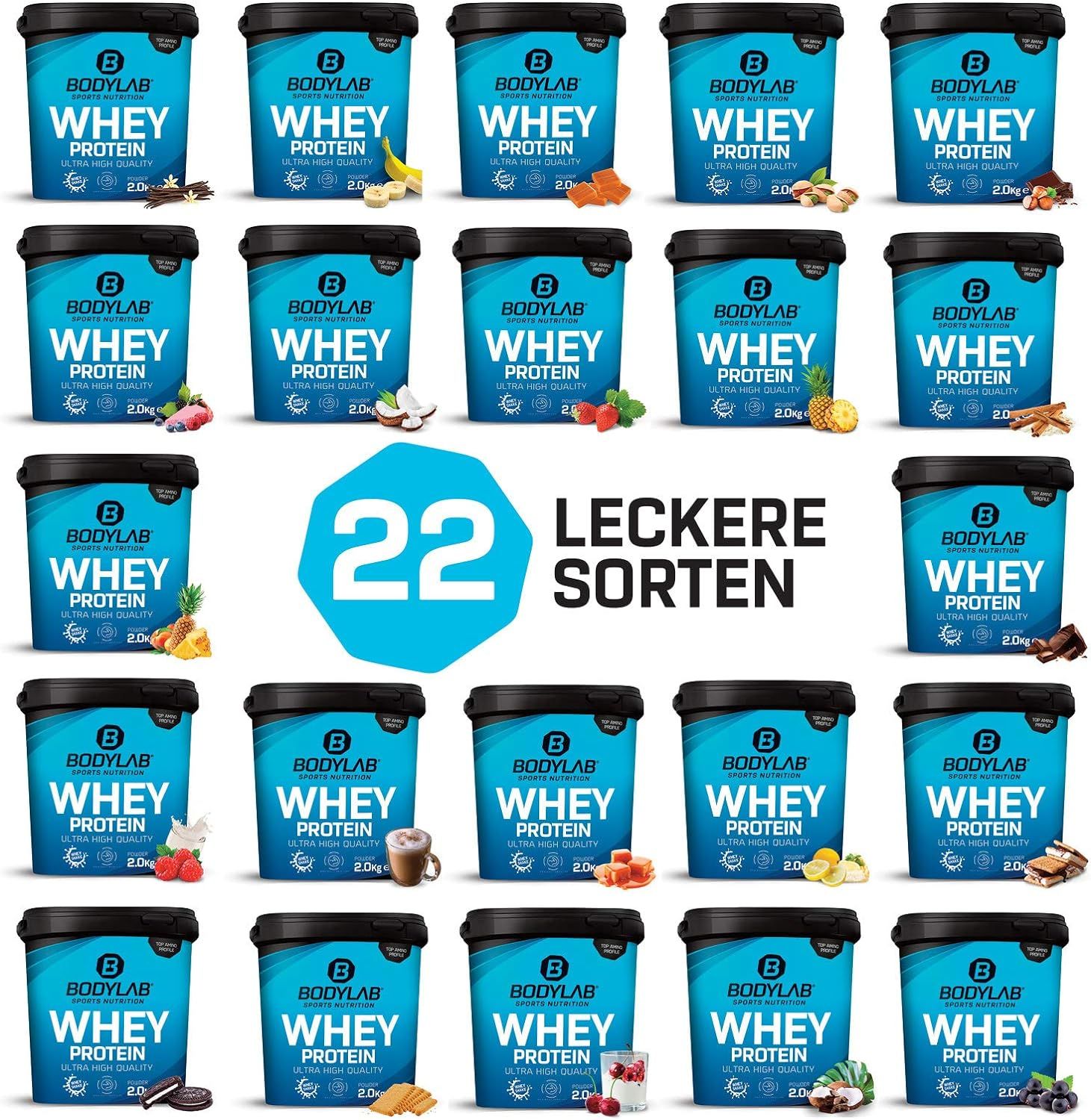 22 smaken Bodylab24 Whey Protein in potten.