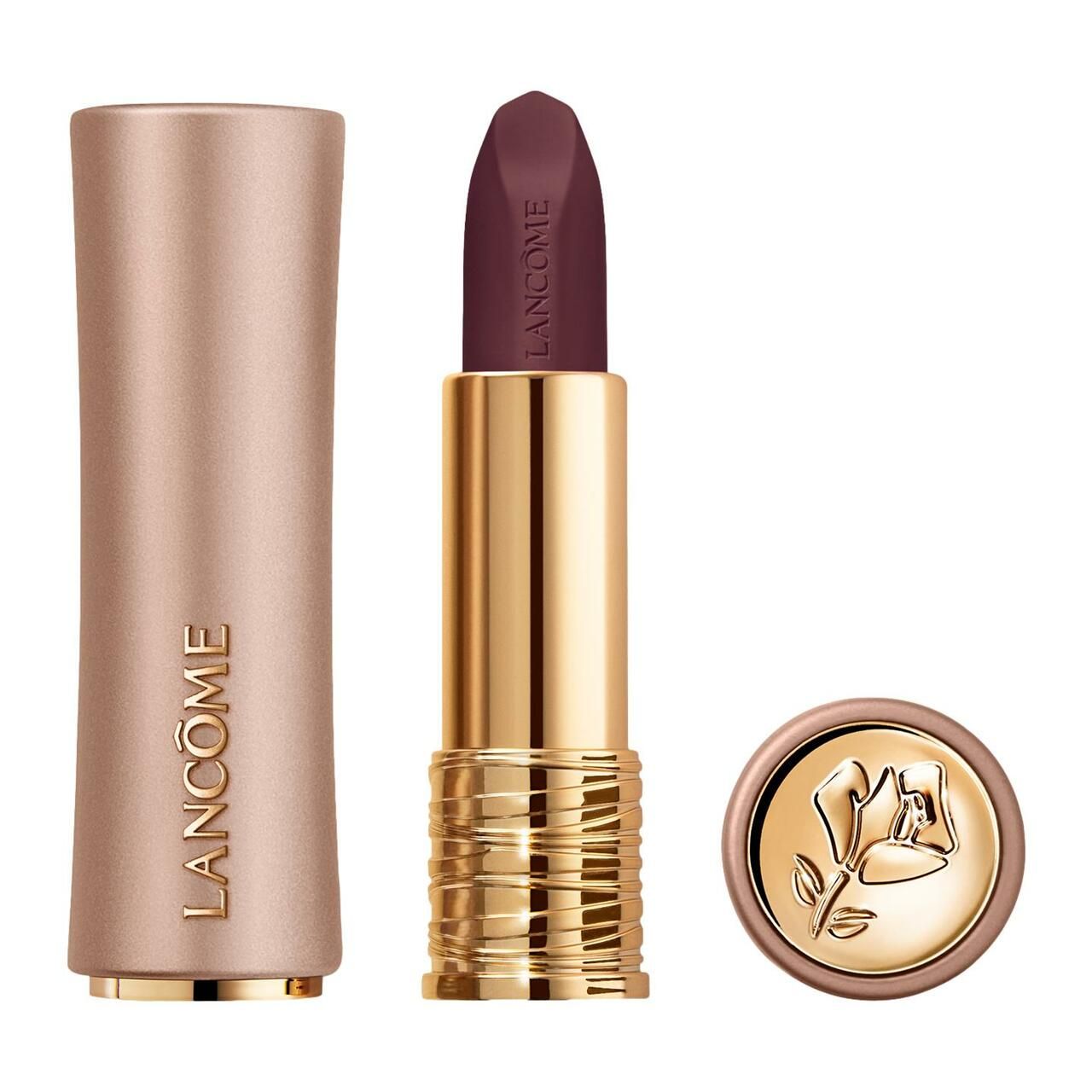 Un rouge à lèvres ouvert, de couleur prune foncé, avec un tube doré et un capuchon portant le logo Lancôme.