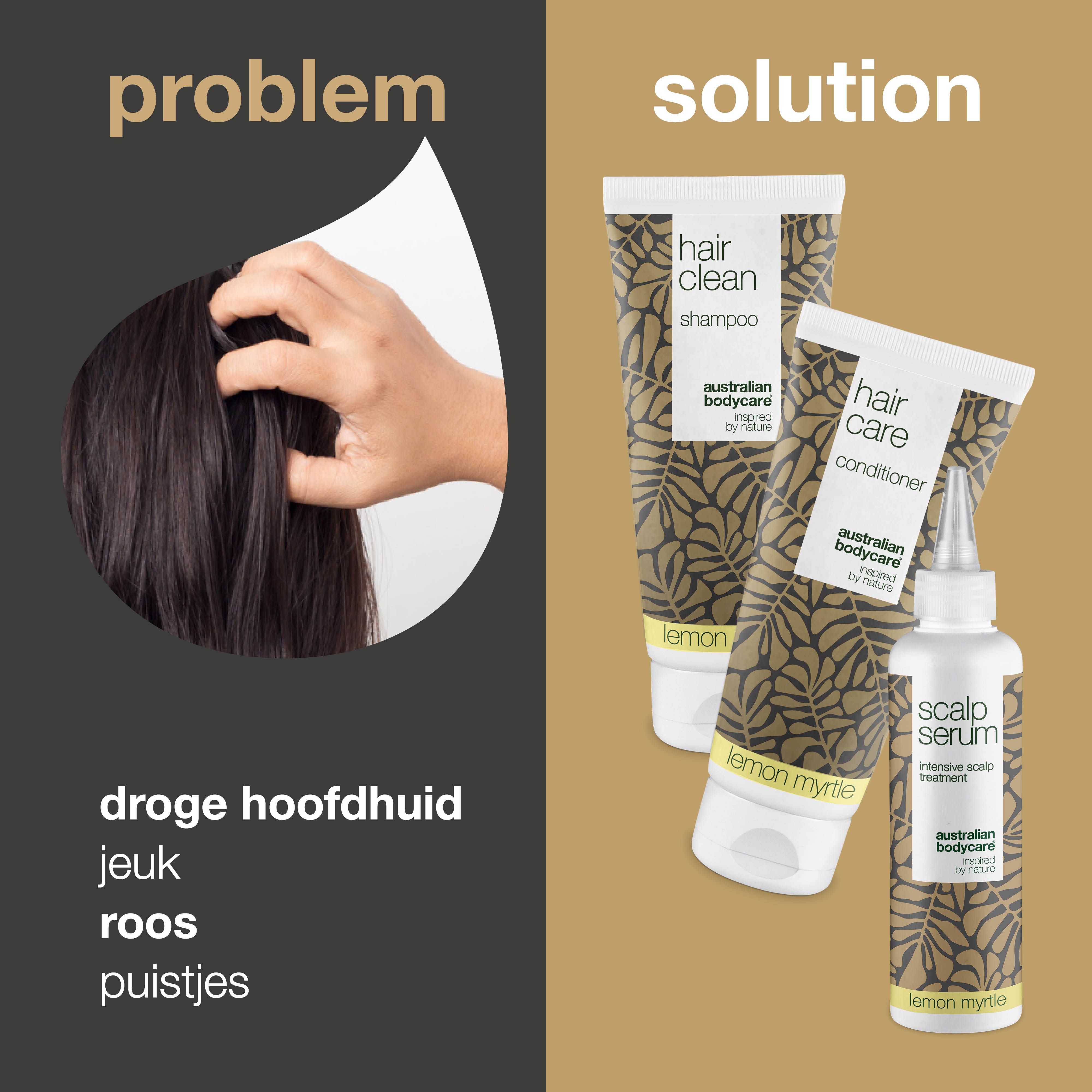Probleem en oplossing. Probleem: droogheid, jeuk, roos, puistjes. Oplossing: shampoo, conditioner en serum.