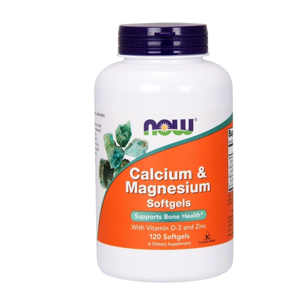 Witte fles met blauwe dop. Etiket met tekst: Calcium & Magnesium Softgels. Merk: NOW.