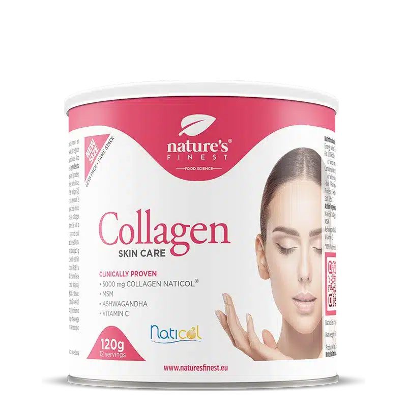 Blik Nature's Finest Collagen Skin Care, 120g. Met gezicht en tekst.