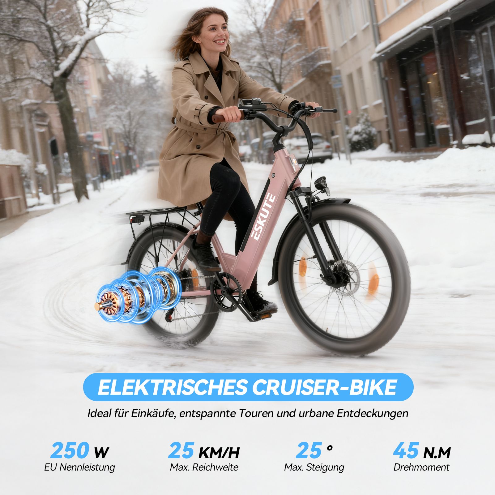 Vrouw op roze elektrische cruiserfiets. Tekst: Elektrische cruiserfiets, 250W, 25 KM/H, 25 graden, 45 N.M. koppel.