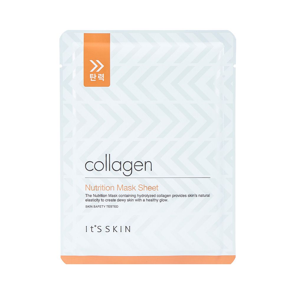 Gezichtsmasker "collagen" in witte verpakking. Oranje accent met pijlsymbool. Merk: It's SKIN. Koreaanse tekst.