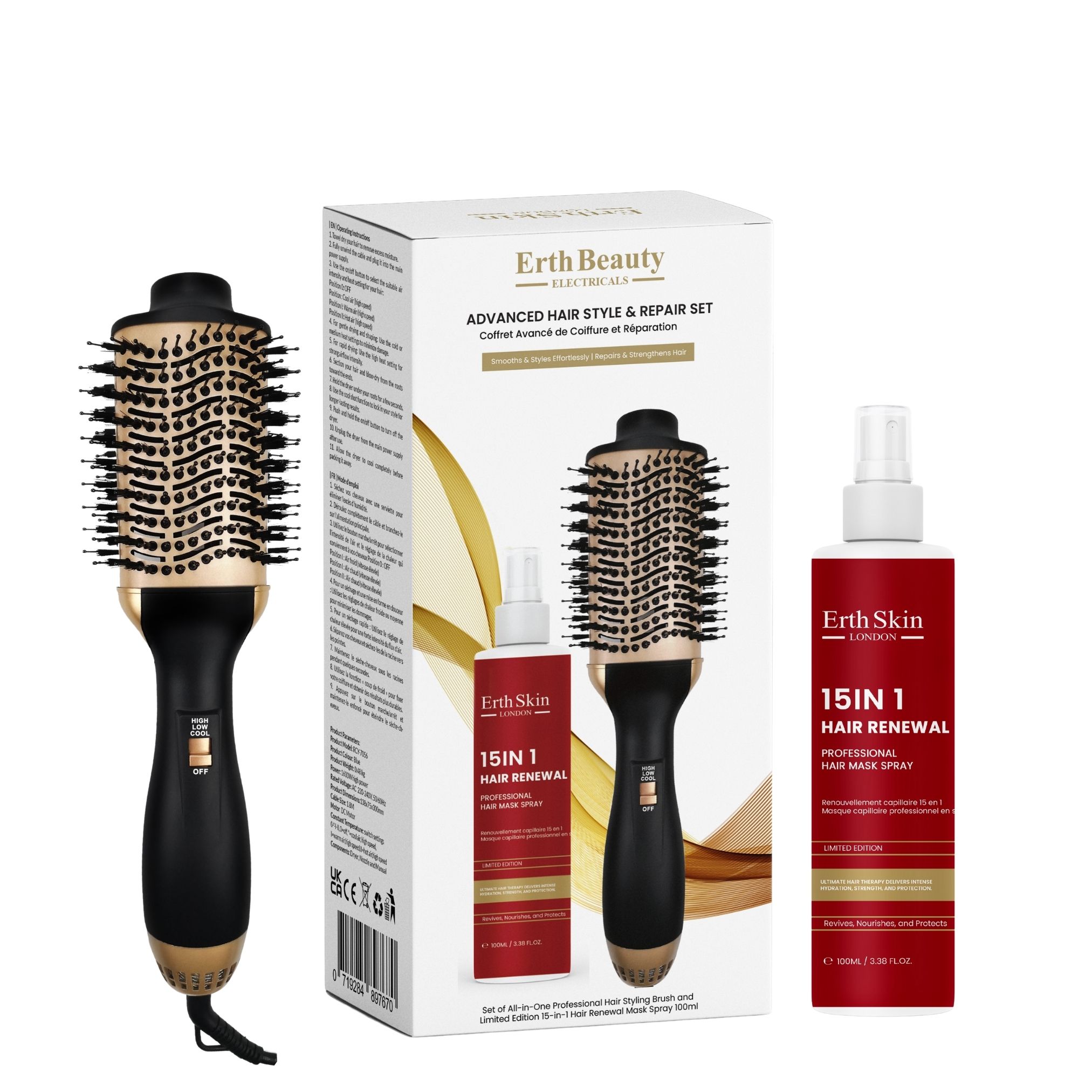 Haarstyling- en reparatieset met borstel en spray. Tekst: ErthSkin, 15in1 Hair Renewal. Set met twee borstels en spray.