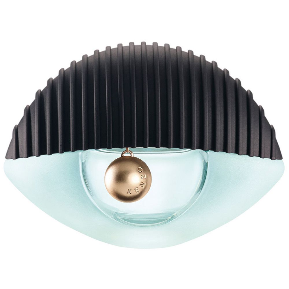 Flacon de parfum Kenzo World en forme d'œil, avec capuchon noir et bille dorée.