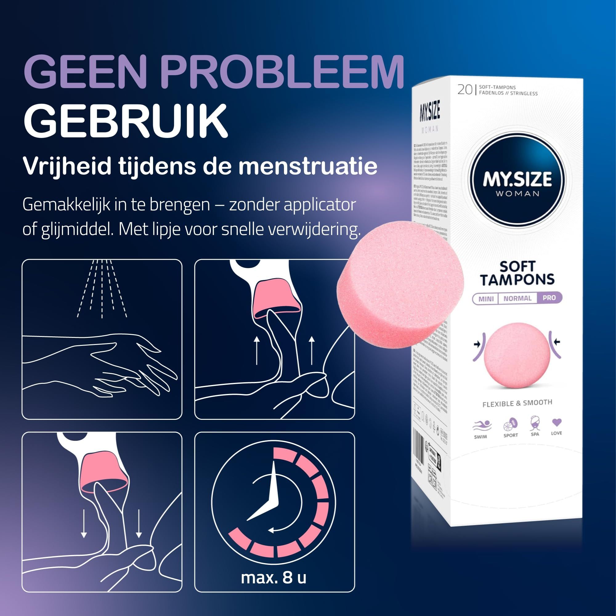 Verpakking met My.Size Woman Soft Tampons, roze, zonder applicator.