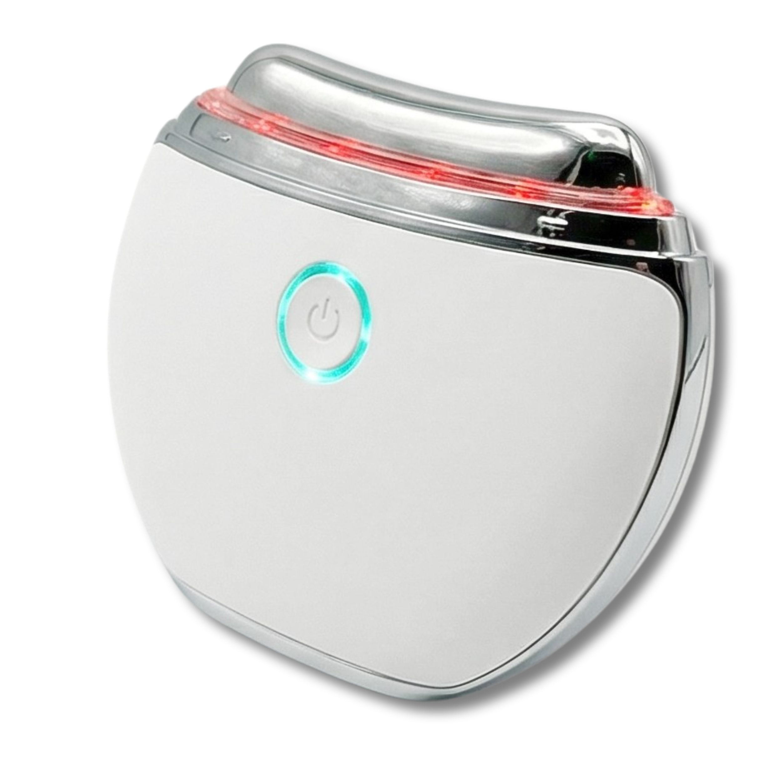 Wit massageapparaat met rood licht. Zilveren accenten, groene knop. Afgeronde vorm.