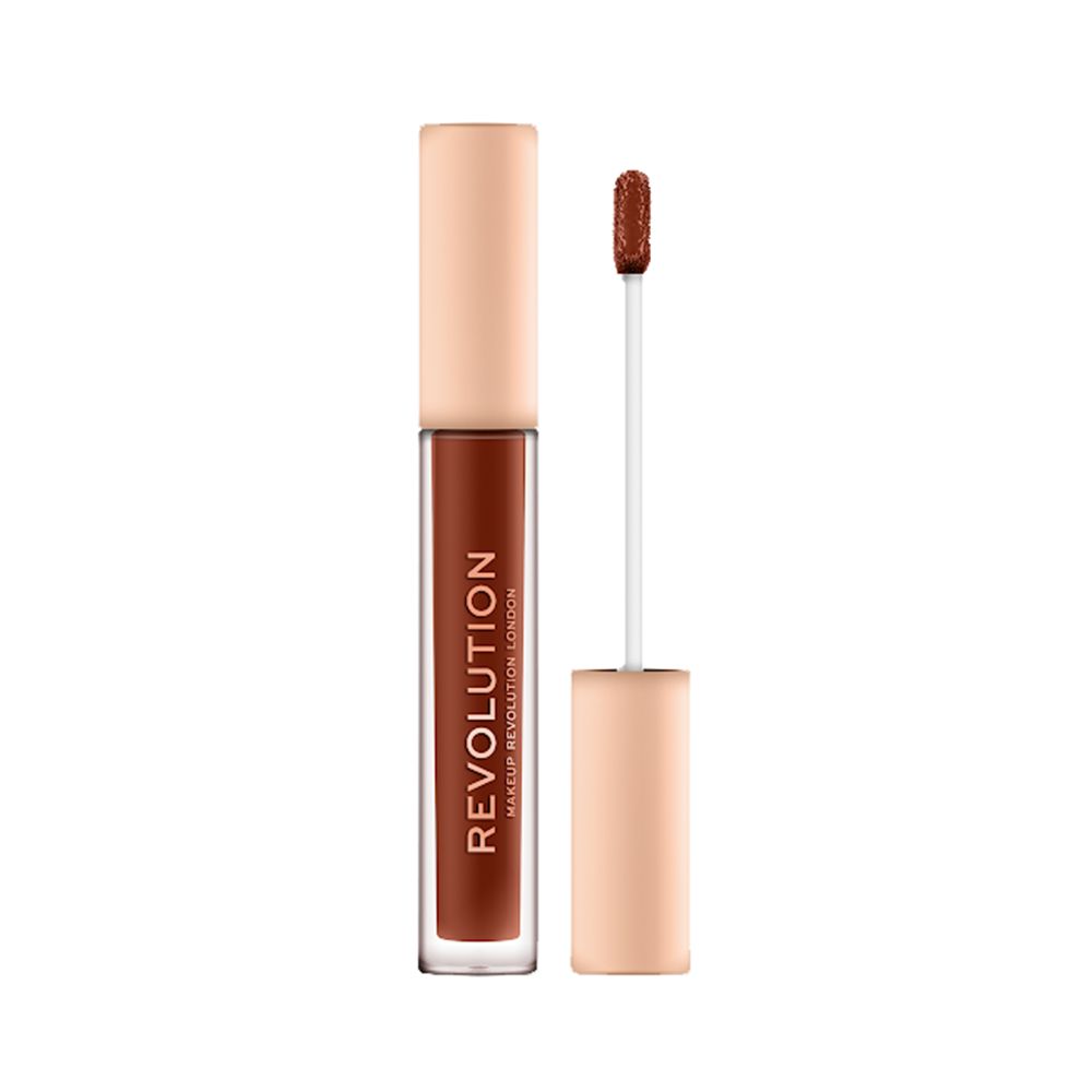 Rouge à lèvres liquide avec applicateur. Tube transparent avec bouchon beige. "REVOLUTION" est visible.
