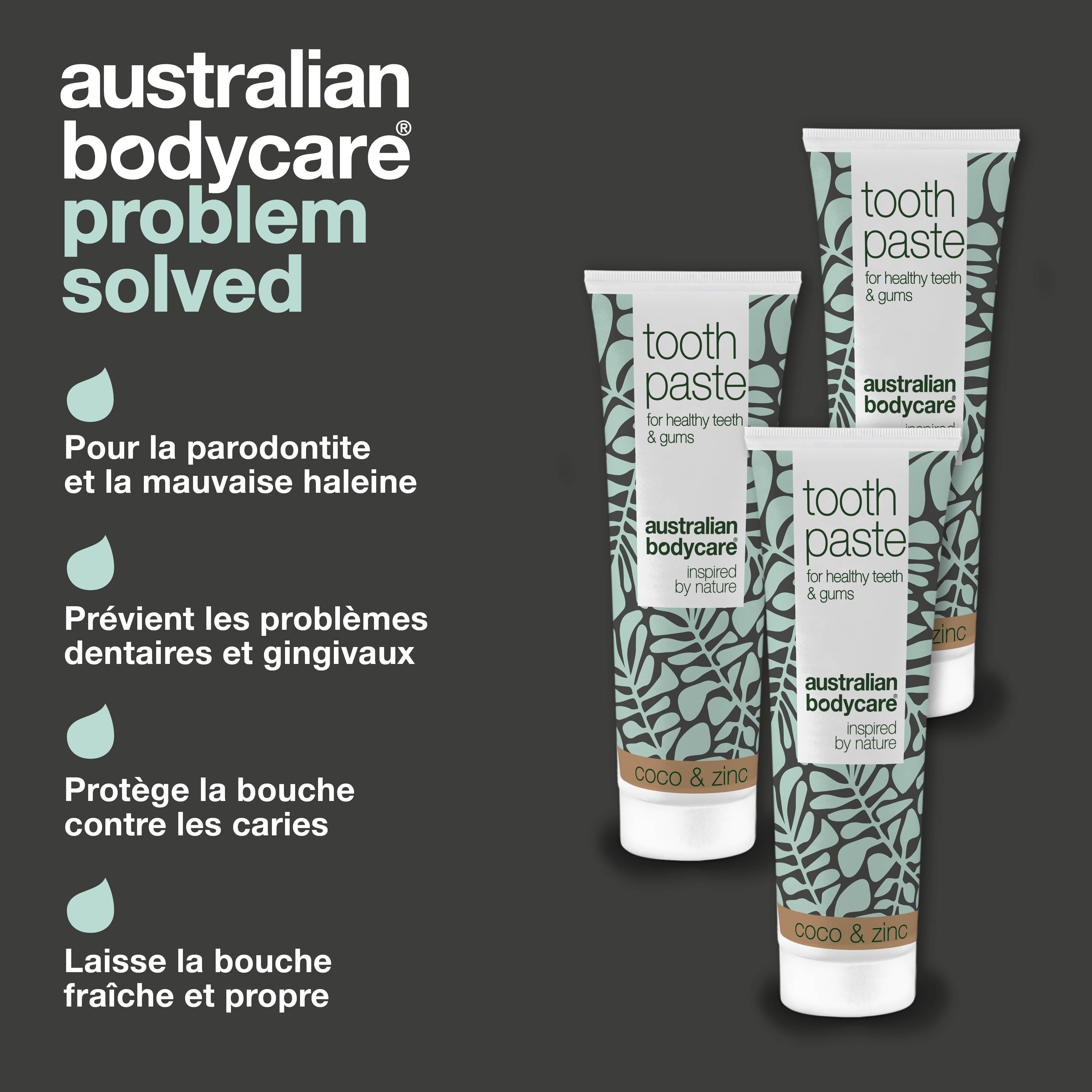 Concept problème-solution. Trois tubes de dentifrice. Inscription : Australian Bodycare. Texte : Pour la parodontite et la mauvaise haleine.