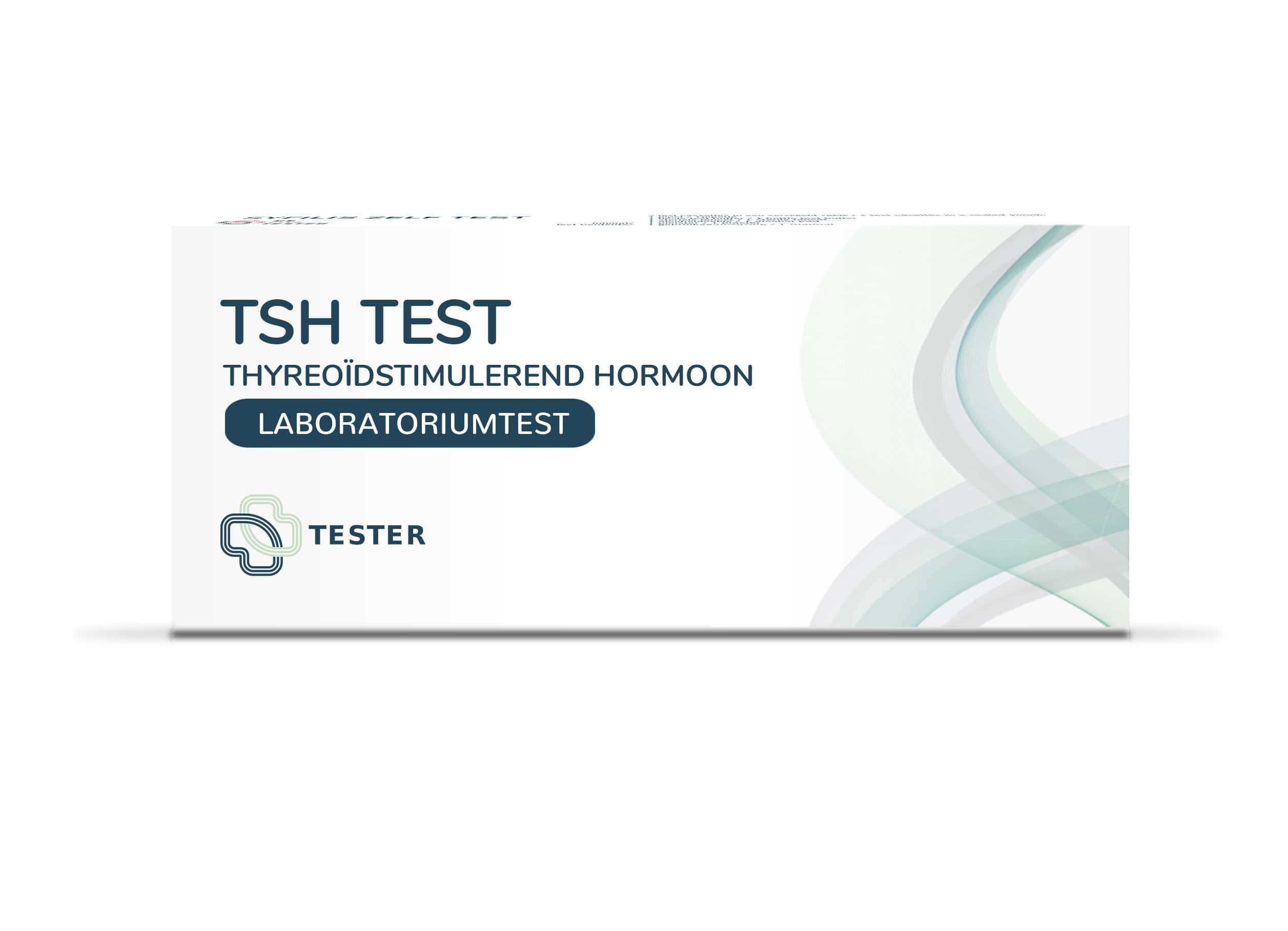 Verpakking van de TSH-zelftest voor de schildklier. Bevat een laboratoriumtest voor thyreostimulerend hormoon.