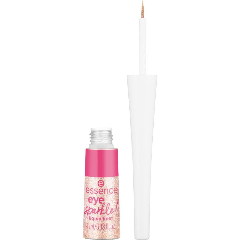 Geopend eyelinerflesje met applicator. Roze accent. Opschrift: eye sparkle liquid liner.