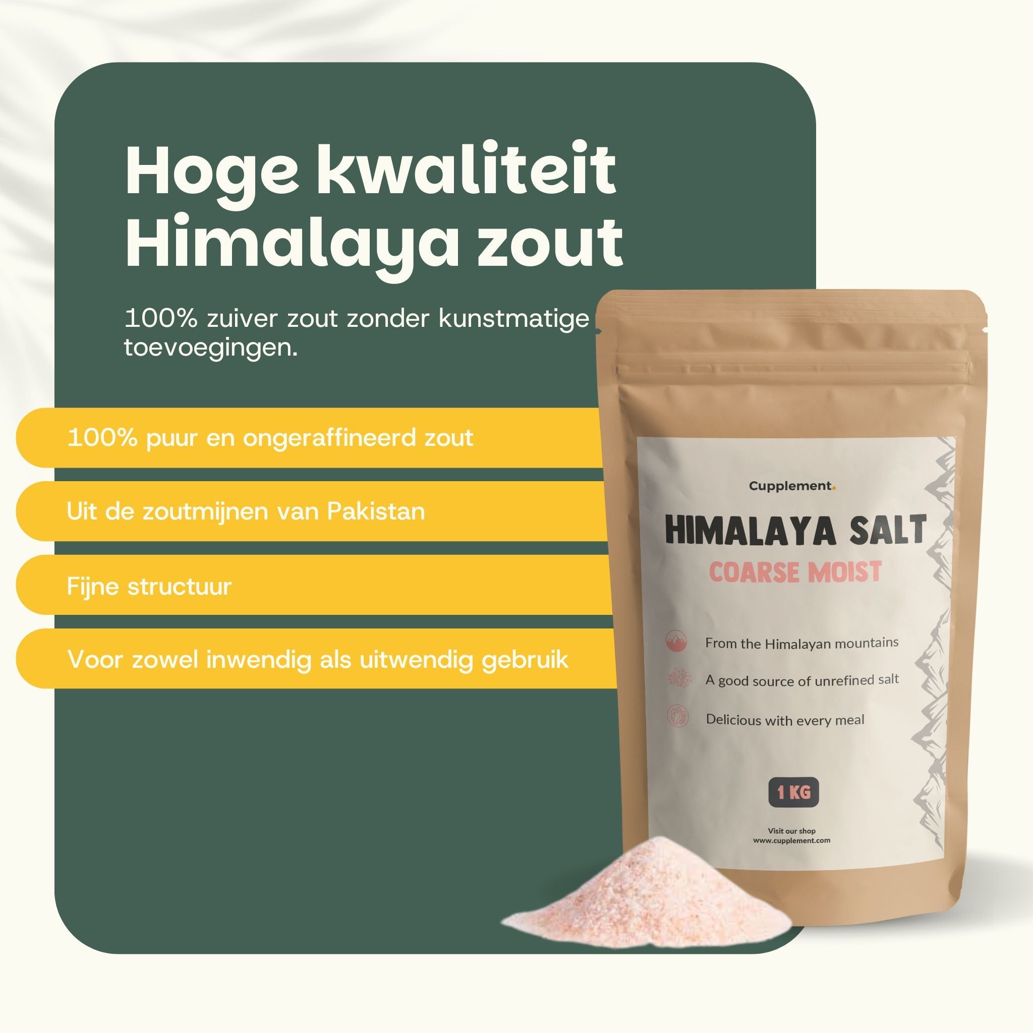 Zak Himalaya zout, grof, vochtig. Tekst: Cupplement, Himalaya Salt, 1 kg. 100% puur zout zonder kunstmatige toevoegingen.