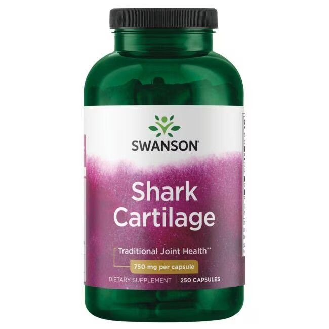 Flacon vert, bouchon noir. Étiquette "SWANSON Shark Cartilage". 750 mg par capsule, 250 capsules.