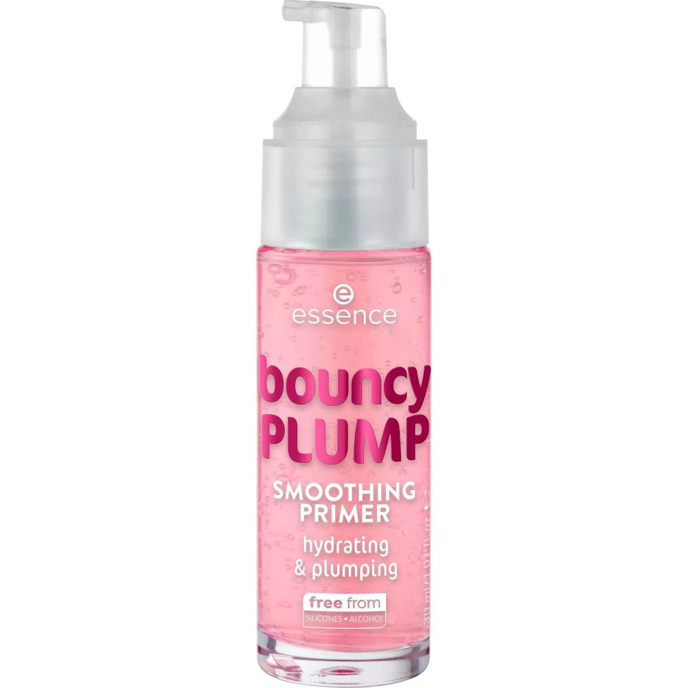 Flacon rose de primer pour le visage avec pompe. Inscription : Bouncy Plump, Smoothing Primer, hydrating & plumping, free from.