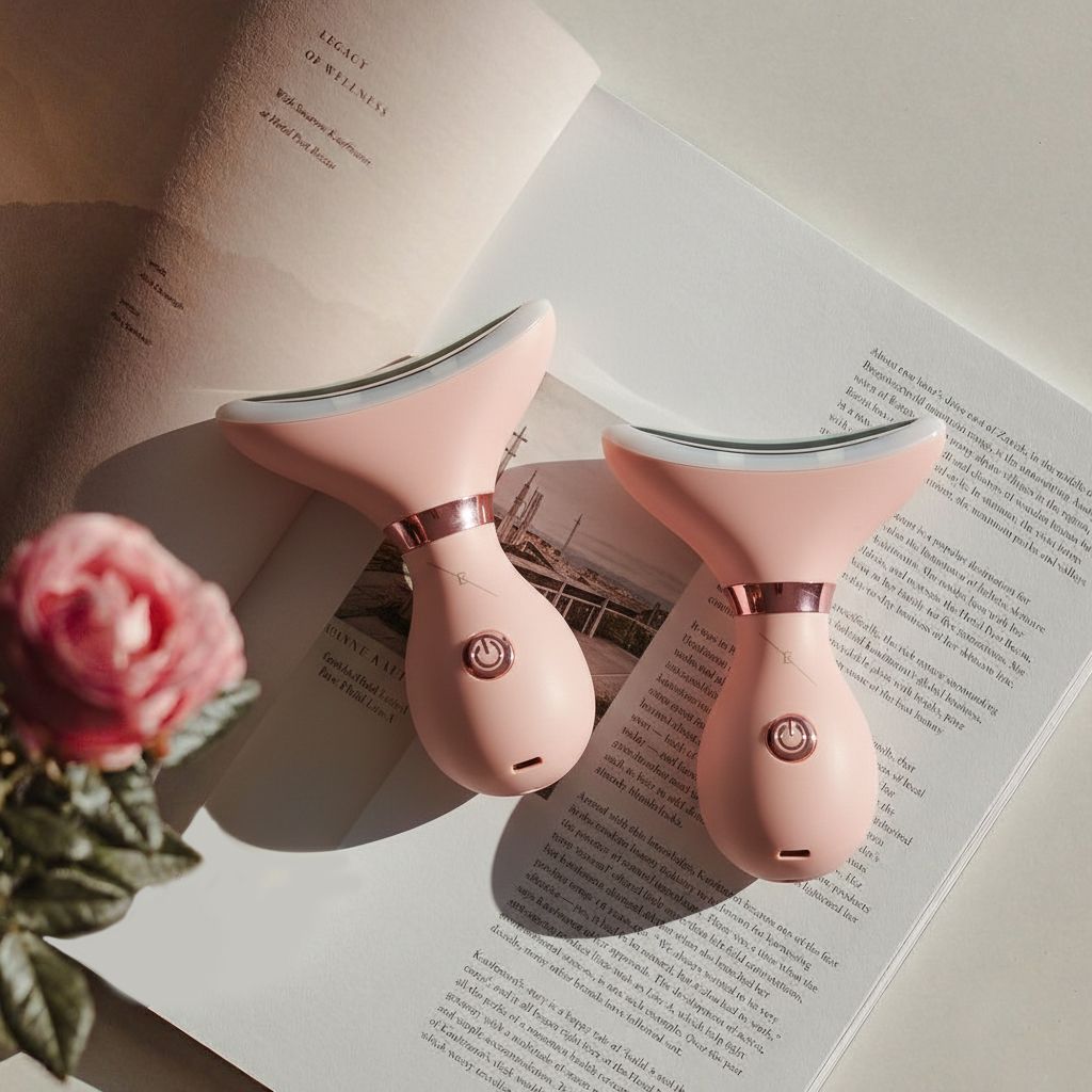 Twee roze nek- en kaaklijnverstevigers LED-apparaten op een boek.