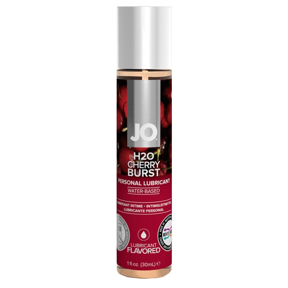 Flacon cylindrique avec bouchon argenté. Inscription: JO H2O Cherry Burst, Personal Lubricant, Water-Based. Motif cerise.