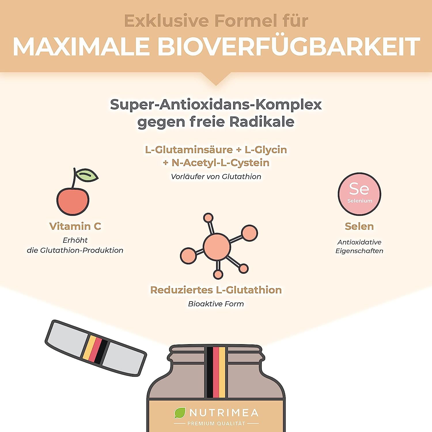 Grafiek: Exclusieve formule voor maximale biobeschikbaarheid. Ingrediënten: L-glutaminezuur, L-glycine, N-acetyl-L-cysteïne, vitamine C, selenium.