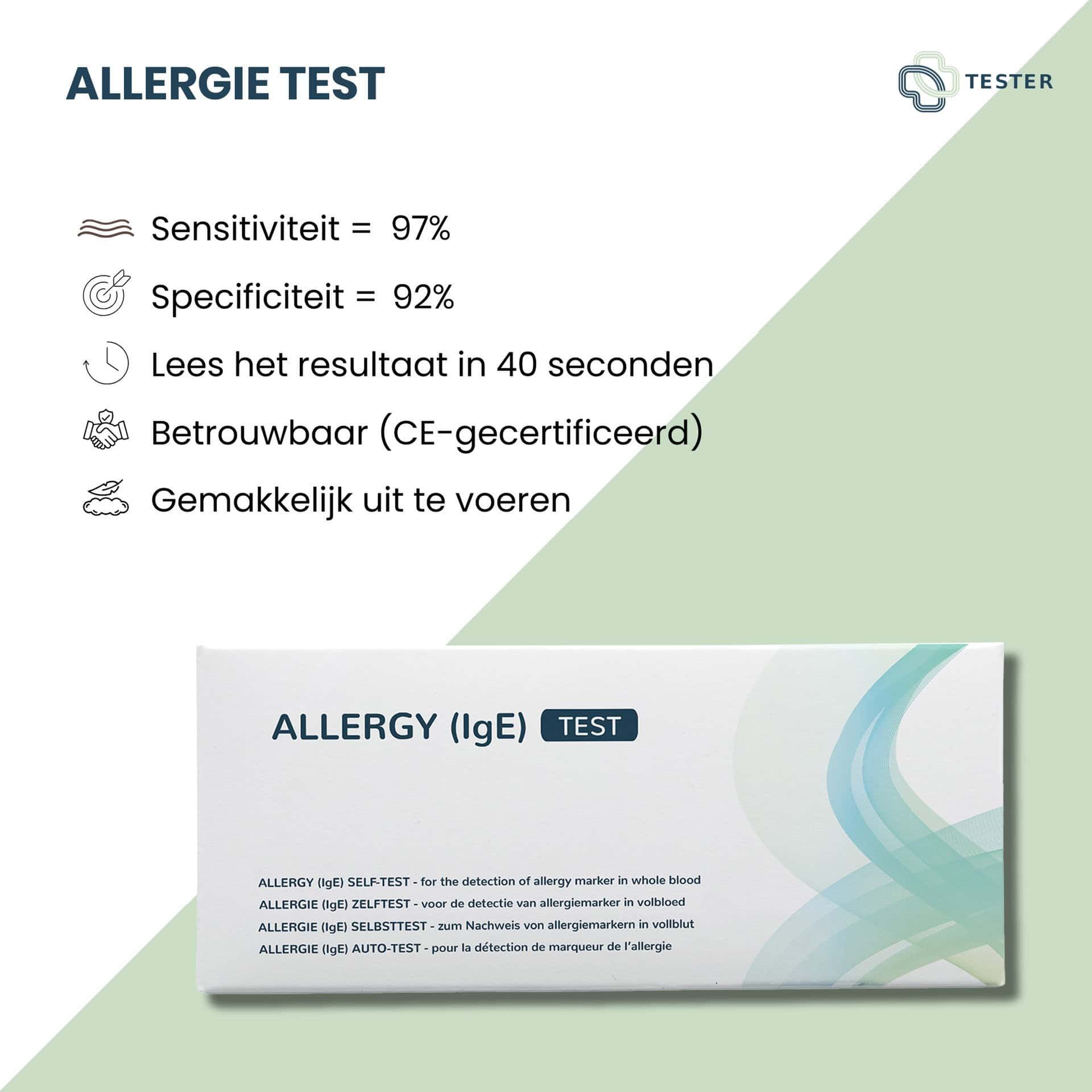 Allergietest-doos met CE-certificering, gevoeligheid 97%, specificiteit 92%, resultaat in 40s.