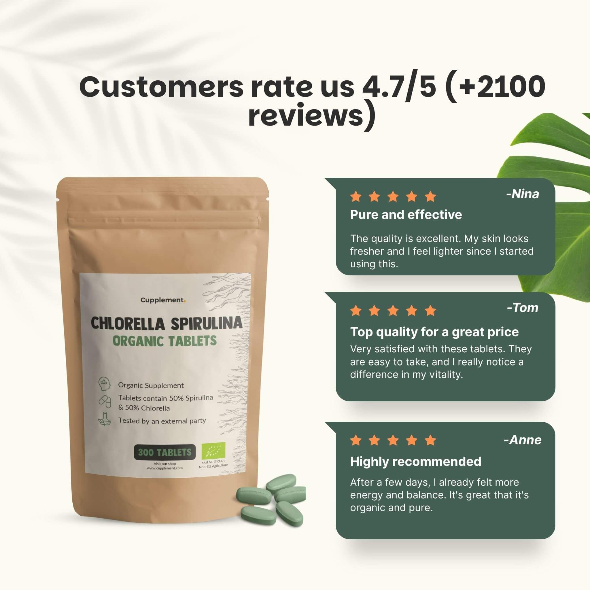 Sachet de comprimés. Texte : Chlorella Spirulina Organic Tablets. 300 comprimés. Avis clients : 4,7/5 étoiles.