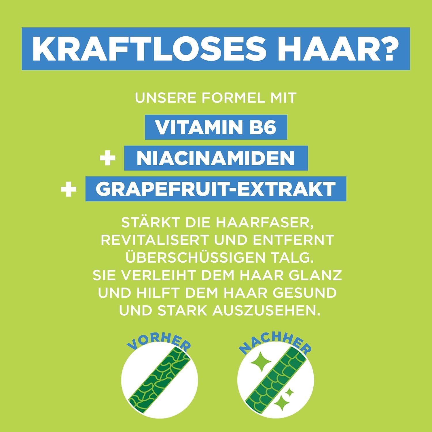 Tekst op groene achtergrond. Kop: Futloos haar? Tekst over vitamine B6, niacinamide en grapefruit extract. Voor/na weergave van het haar.