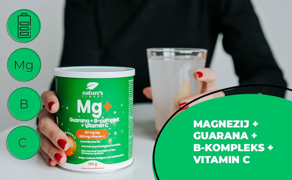 Pot Nature's Finest Mg+ Guarana + B-complex + Vitamin C naast een glas drank.