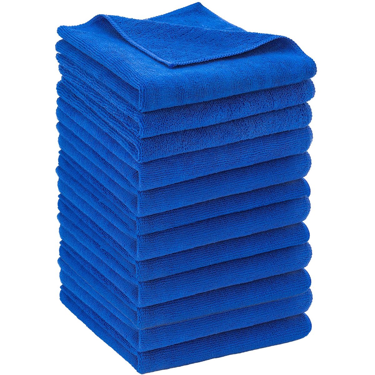 Stapel blauwe microvezeldoeken, vierkant gevouwen.